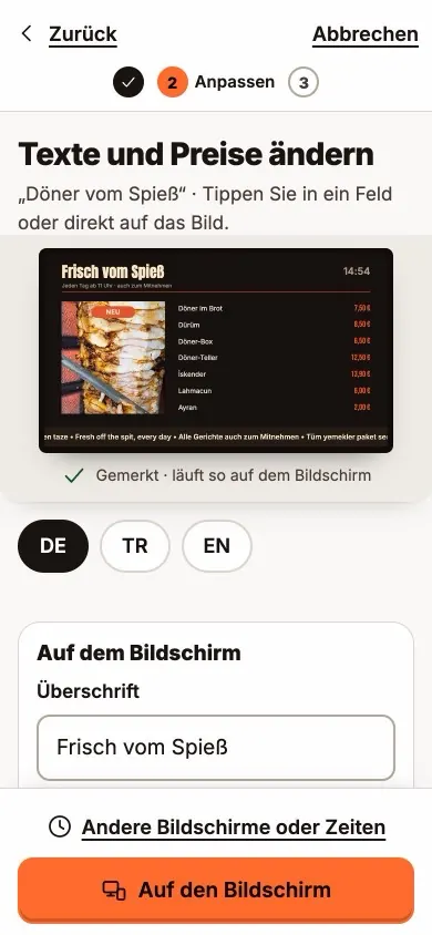 Endre tekster og priser på mobilen (tysk visning), tavlen som forhåndsvisning øverst, sendeknappen nederst