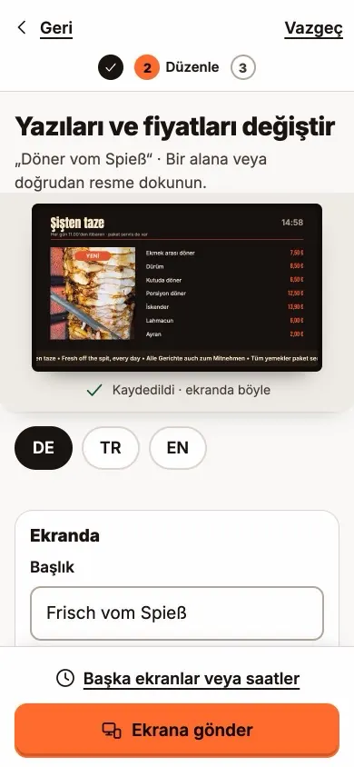 Telefonda yazı ve fiyat değiştirme: üstte panonun önizlemesi, altta “Ekrana gönder” düğmesi